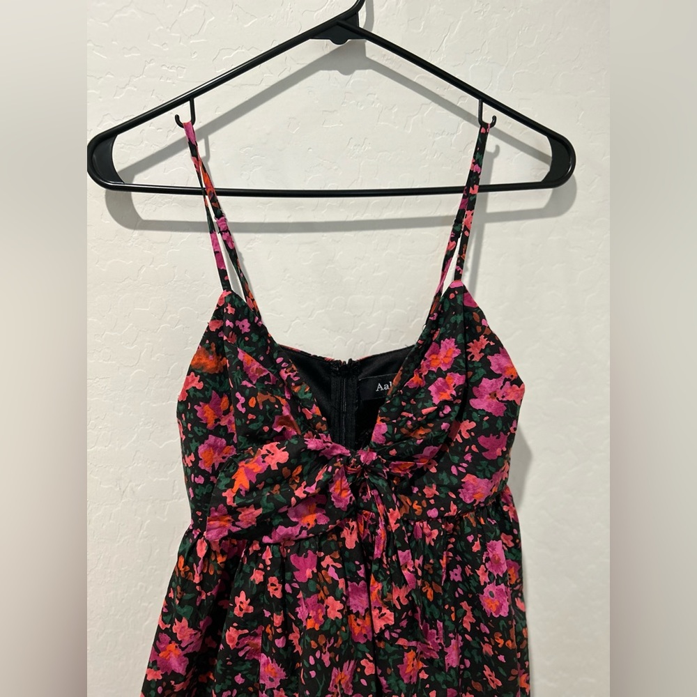 Aakaa Tie Front Floral Flare Mini Dress